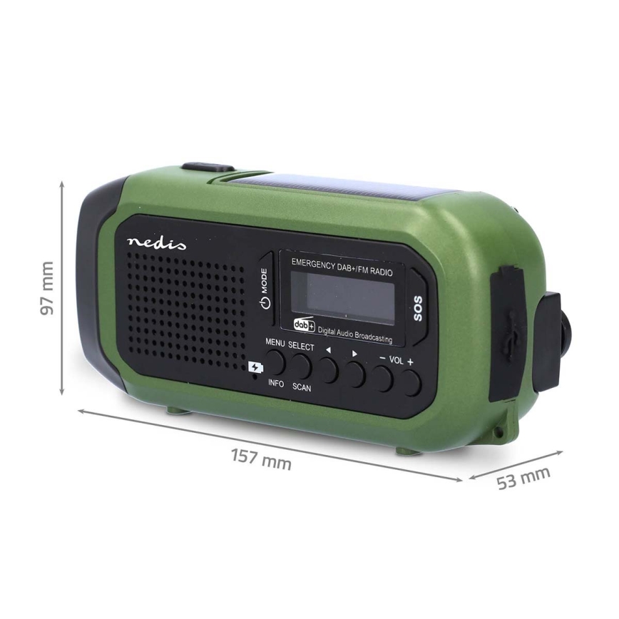 Radio DAB+/FM a manovella con pannello solare integrato e torcia a LED 5V/2500 mAh, verde/nero