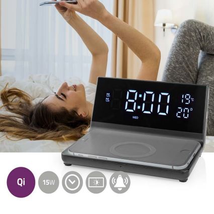 Orologio a sveglia con display LCD e senza fili caricatore 15W/230V + 1xCR2032 nero