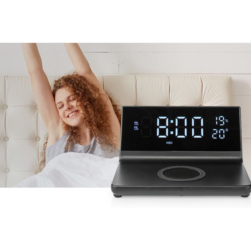 Orologio a sveglia con display LCD e senza fili caricatore 15W/230V + 1xCR2032 nero