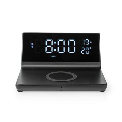 Orologio a sveglia con display LCD e senza fili caricatore 15W/230V + 1xCR2032 nero