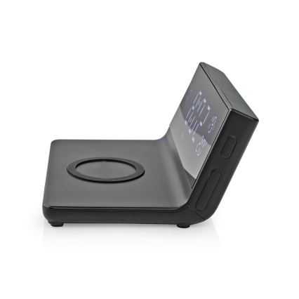Orologio a sveglia con display LCD e senza fili caricatore 15W/230V + 1xCR2032 nero