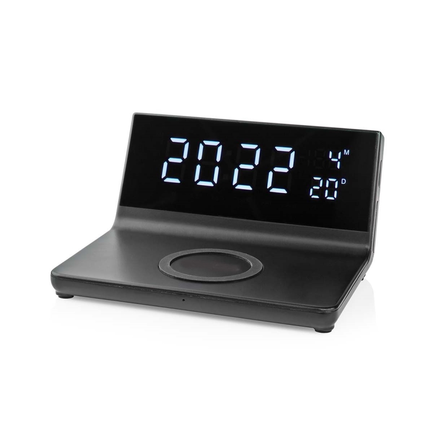 Orologio a sveglia con display LCD e senza fili caricatore 15W/230V + 1xCR2032 nero