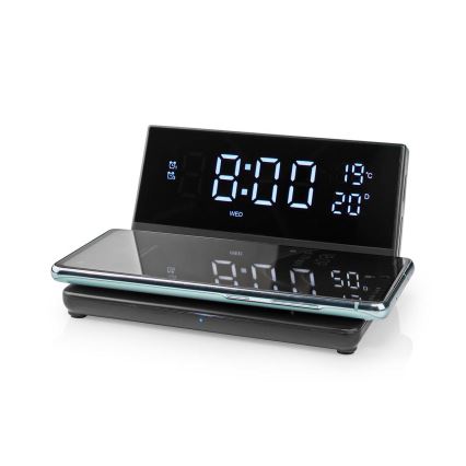 Orologio a sveglia con display LCD e senza fili caricatore 15W/230V + 1xCR2032 nero
