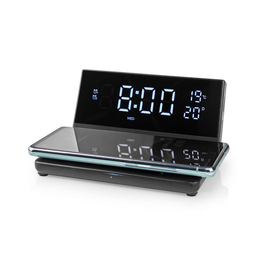 Orologio a sveglia con display LCD e senza fili caricatore 15W/230V + 1xCR2032 nero