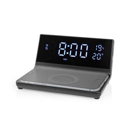 Orologio a sveglia con display LCD e senza fili caricatore 15W/230V + 1xCR2032 nero