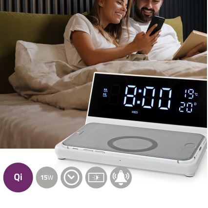 Orologio a sveglia con display LCD e senza fili caricatore 15W/5V + 1xCR2032 bianco