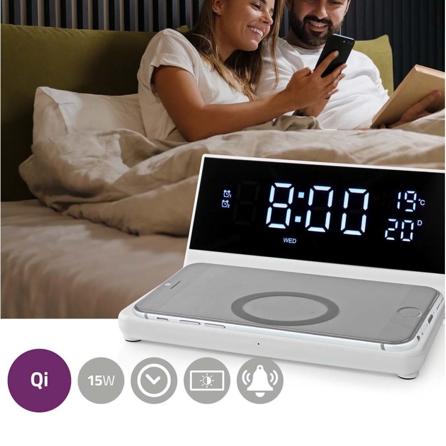 Orologio a sveglia con display LCD e senza fili caricatore 15W/5V + 1xCR2032 bianco
