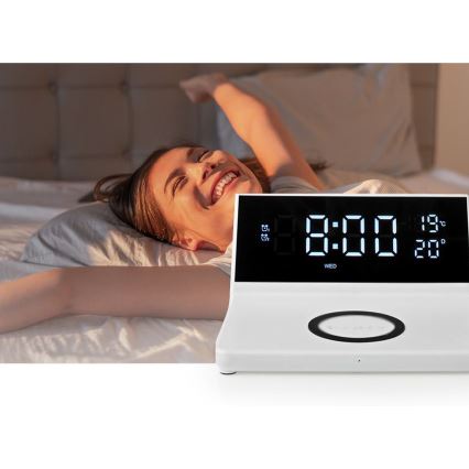 Orologio a sveglia con display LCD e senza fili caricatore 15W/5V + 1xCR2032 bianco