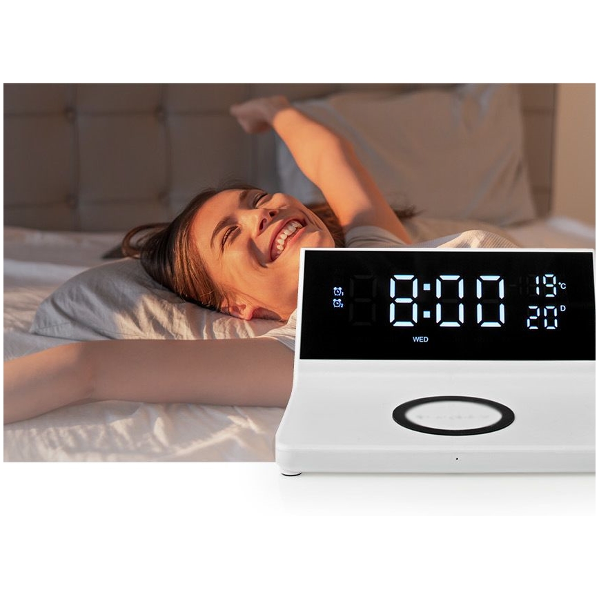 Orologio a sveglia con display LCD e senza fili caricatore 15W/5V + 1xCR2032 bianco