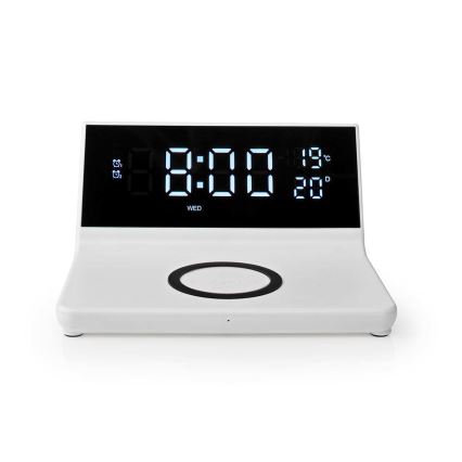 Orologio a sveglia con display LCD e senza fili caricatore 15W/5V + 1xCR2032 bianco