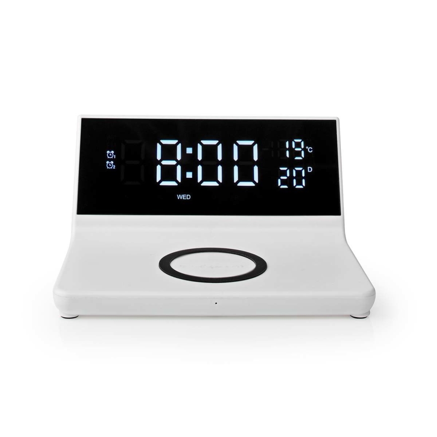 Orologio a sveglia con display LCD e senza fili caricatore 15W/5V + 1xCR2032 bianco