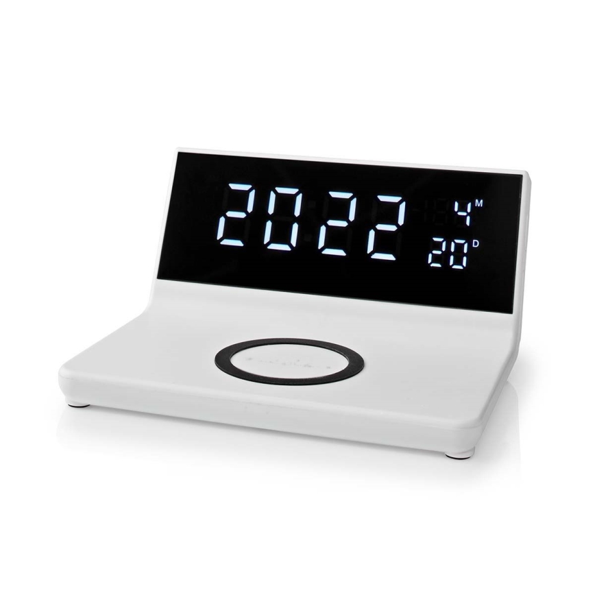 Orologio a sveglia con display LCD e senza fili caricatore 15W/5V + 1xCR2032 bianco