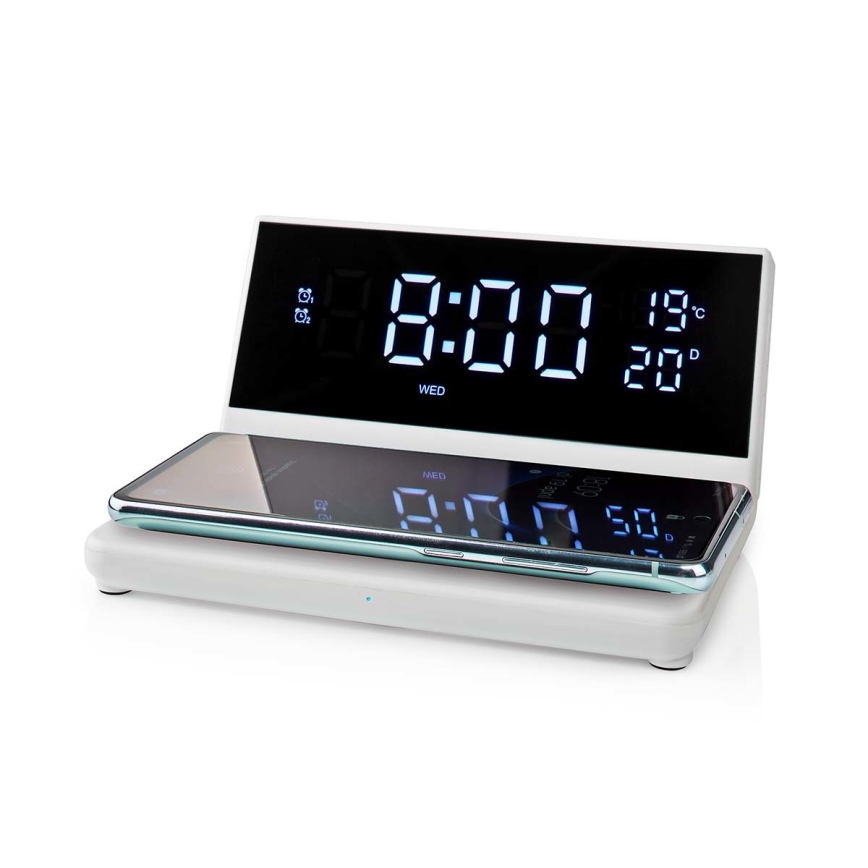 Orologio a sveglia con display LCD e senza fili caricatore 15W/5V + 1xCR2032 bianco