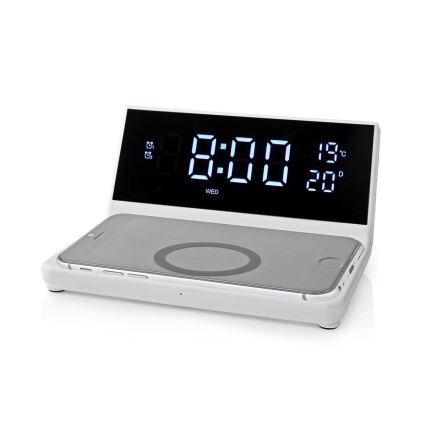 Orologio a sveglia con display LCD e senza fili caricatore 15W/5V + 1xCR2032 bianco