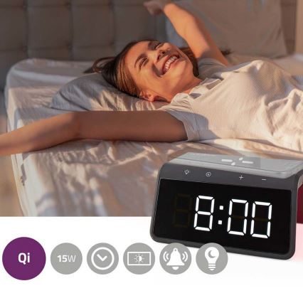 Orologio a sveglia con display LCD e senza fili caricatore 15W/230V 1x CR2032 nero
