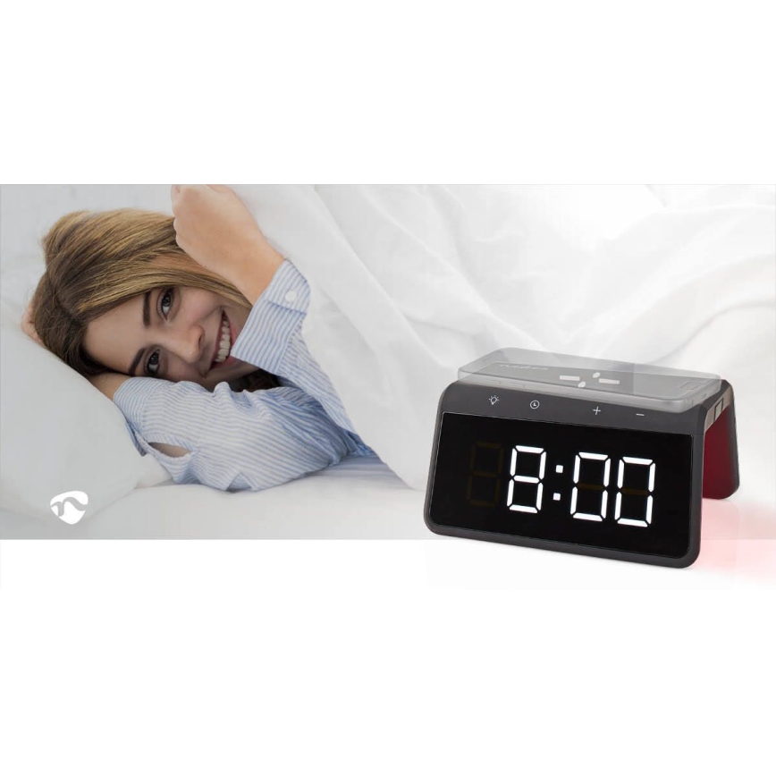 Orologio a sveglia con display LCD e senza fili caricatore 15W/230V 1x CR2032 nero