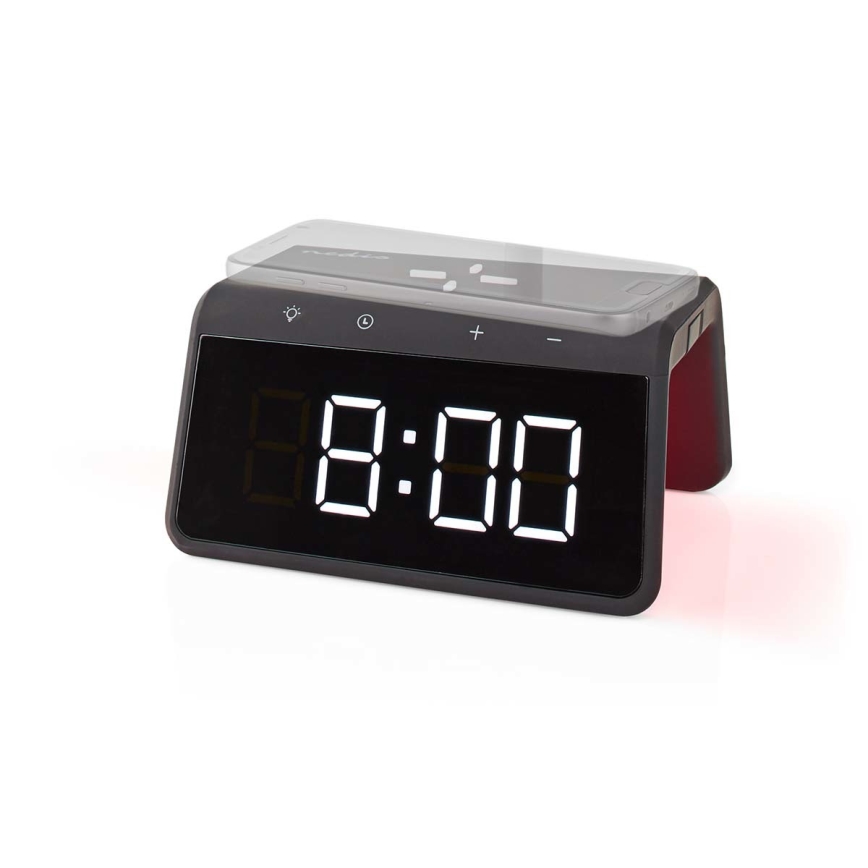 Orologio a sveglia con display LCD e senza fili caricatore 15W/230V 1x CR2032 nero