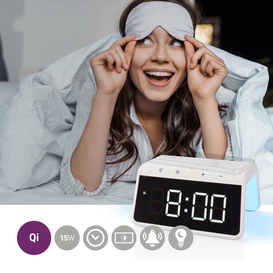 Orologio a sveglia con display LCD e senza fili caricatore 15W/230V 1x CR2032 bianco