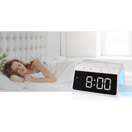 Orologio a sveglia con display LCD e senza fili caricatore 15W/230V 1x CR2032 bianco