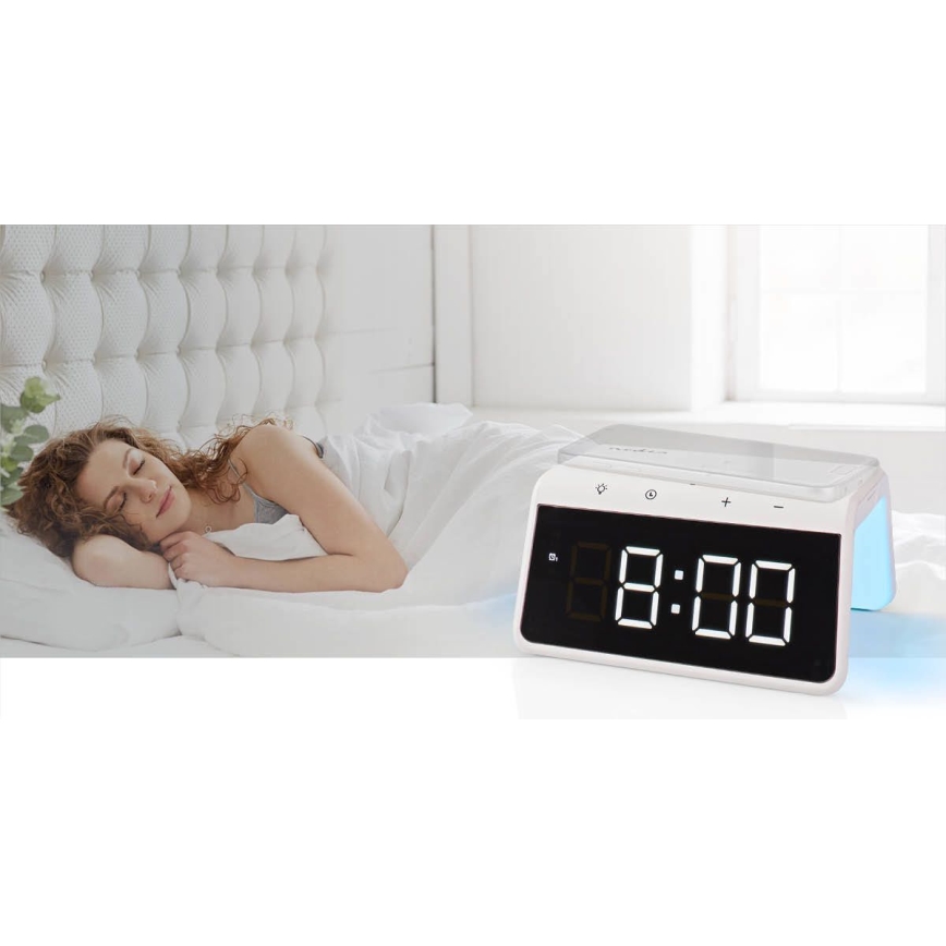 Orologio a sveglia con display LCD e senza fili caricatore 15W/230V 1x CR2032 bianco