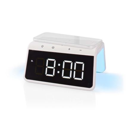 Orologio a sveglia con display LCD e senza fili caricatore 15W/230V 1x CR2032 bianco