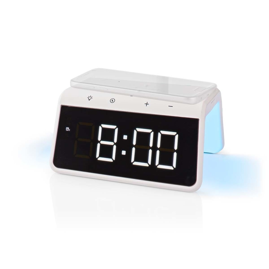 Orologio a sveglia con display LCD e senza fili caricatore 15W/230V 1x CR2032 bianco