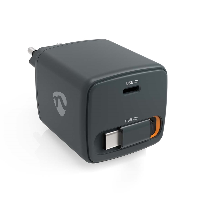 Caricatore Power Delivery 65W con cavo retrattile 2xUSB-C nero