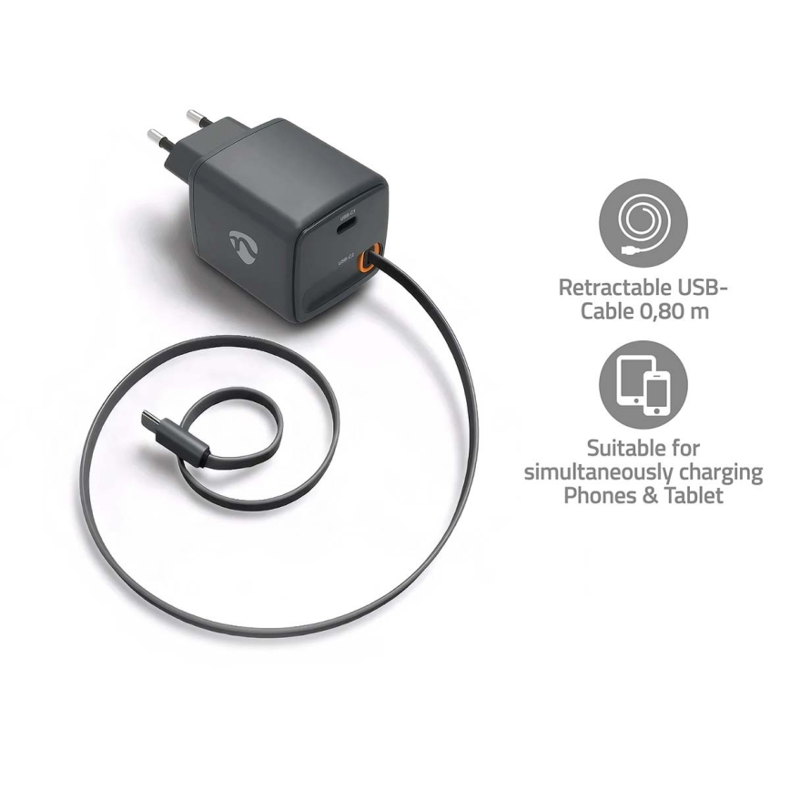 Caricatore Power Delivery 65W con cavo retrattile 2xUSB-C nero