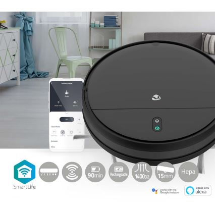 Aspirapolvere robot smart con uno spazzolone 28W/2500 mAh Wi-Fi nero + telecomando