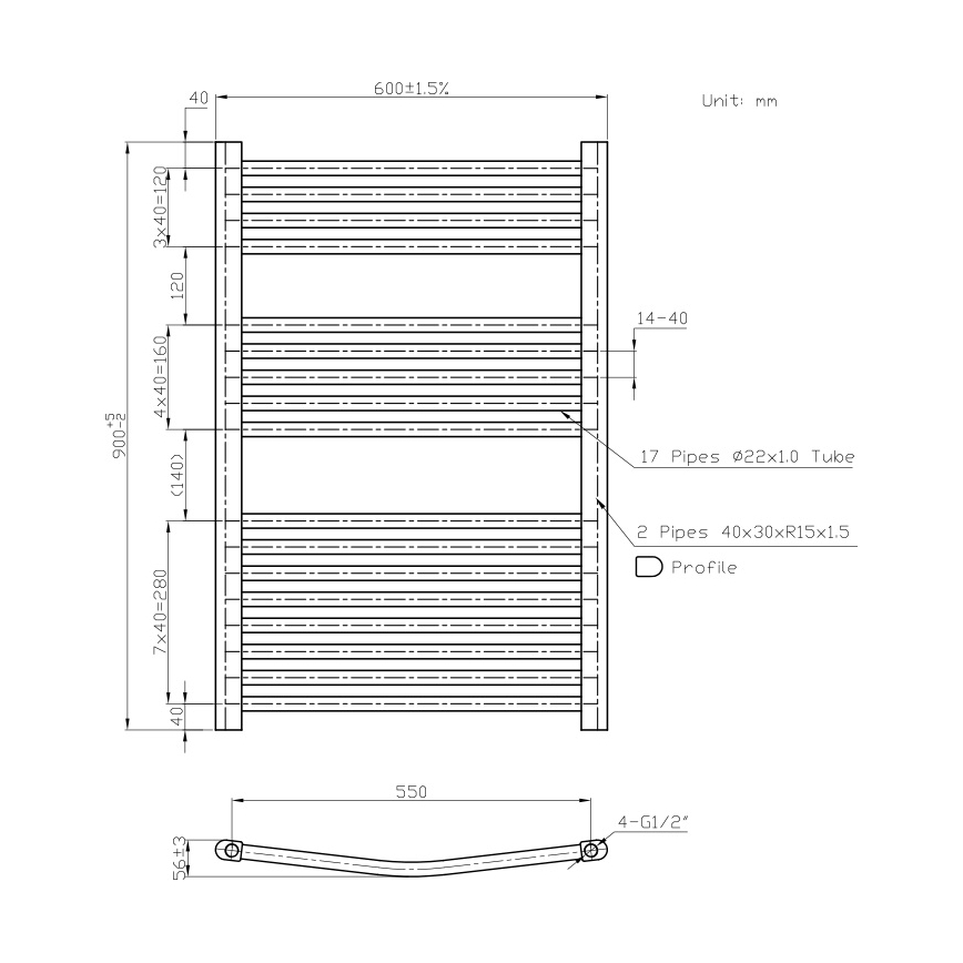 Novaservis - Scaldasalviette a scala 478W/230V 90x60 cm bianco, profilo arrotondato