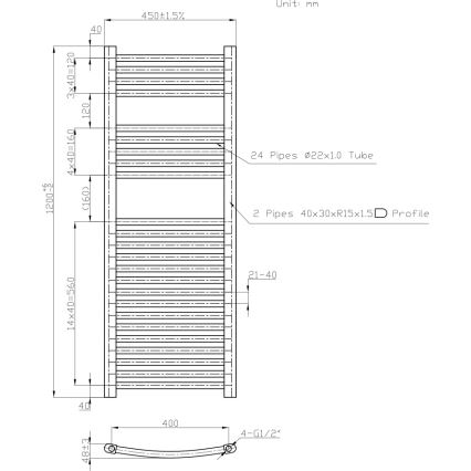 Novaservis - Scaldasalviette a scala per bagno 490 W / 230 V 120 x 45 cm, bianco, profilo arrotondato
