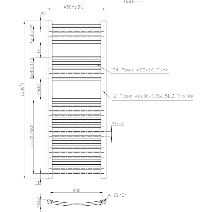 Novaservis - Scaldasalviette a scala per bagno 490 W / 230 V 120 x 45 cm, bianco, profilo arrotondato