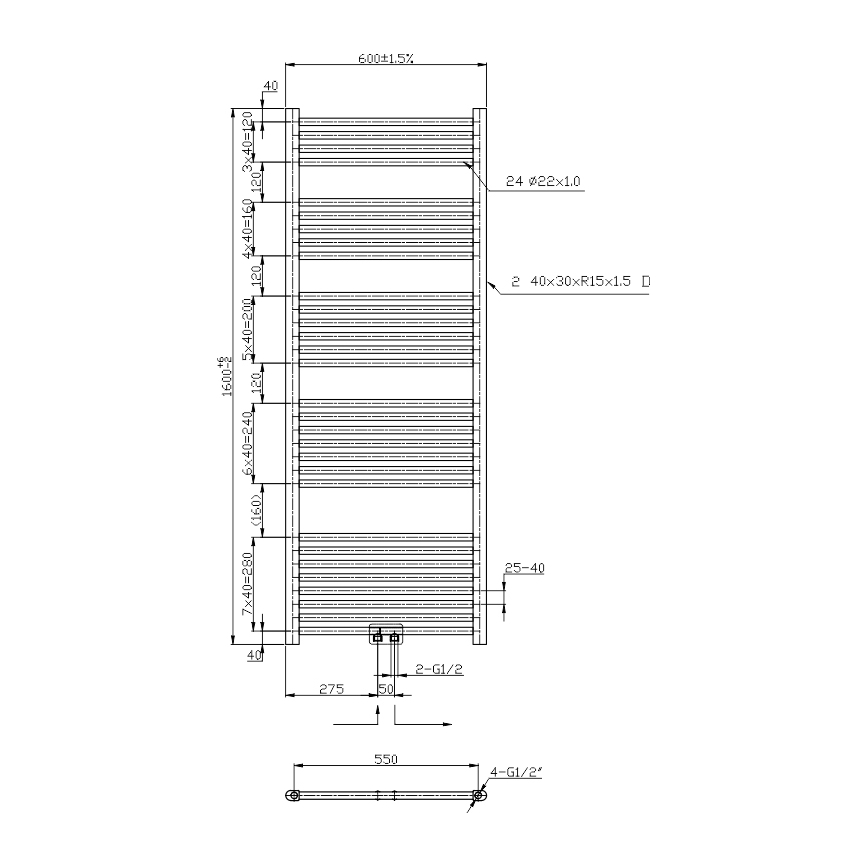 Novaservis - Scaldasalviette a scala per bagno, 544 W/230 V, 160 x 60 cm, cromo lucido, dritto