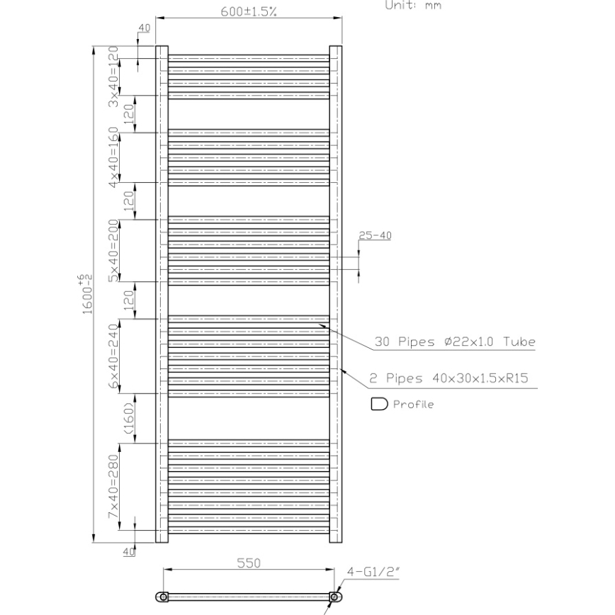 Novaservis - Scaldasalviette a scala per bagno 836W/230V 160x60 cm bianco dritto
