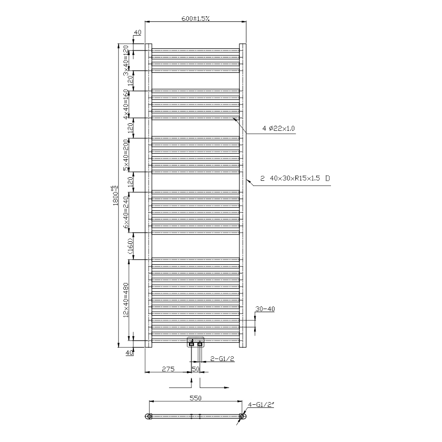 Novaservis - Scaldasalviette a scala per bagno 630W/230V 180x60 cm cromo lucido lineare