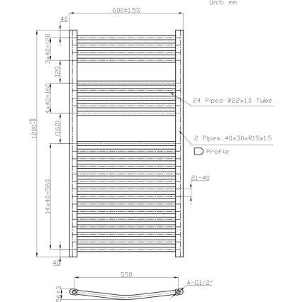 Novaservis - Scaldasalviette a scaletta per bagno 644W/230V 120x60 cm, bianco, bordi arrotondati