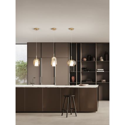 Ondaluce - Lampada a sospensione con cavo THELMA 1xE27/15W/230V Ø 19 cm oro/beige fumé