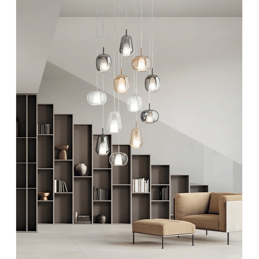 Ondaluce - Lampada a sospensione con cavo THELMA 1xE27/15W/230V Ø 19 cm oro/beige fumé