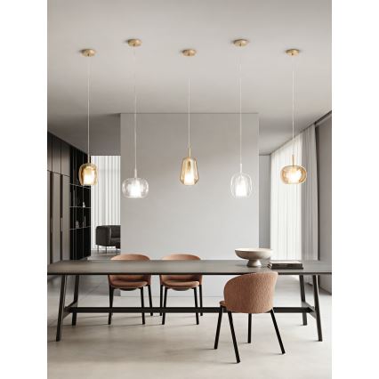 Ondaluce - Lampada a sospensione con cavo THELMA 1xE27/15W/230V Ø 25 cm oro/beige fumé