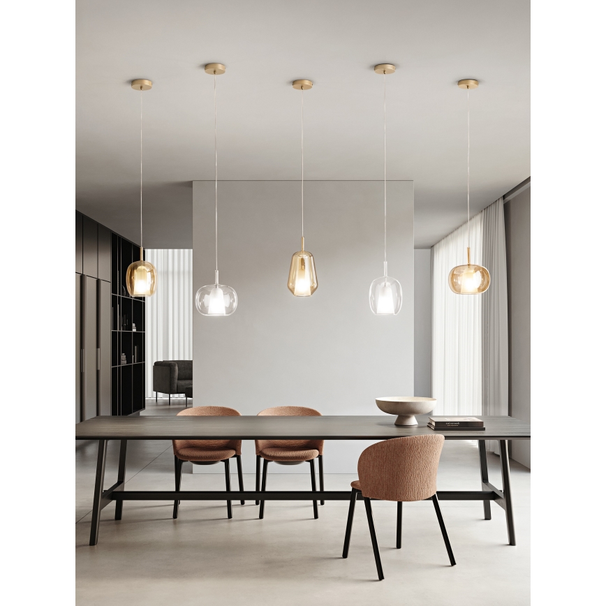 Ondaluce - Lampada a sospensione su cavo THELMA 1xE27/15W/230V Ø 19,5 cm dorato/beige fumé