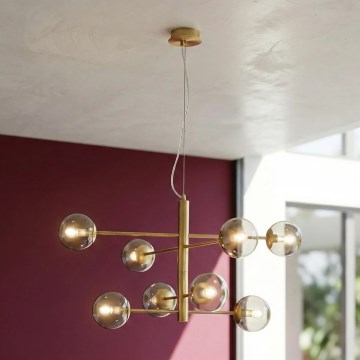 Ondaluce - Lampadario sospeso con cavo ELISEO 8xE14/10W/230V, diam. 97 cm, oro/beige fumé