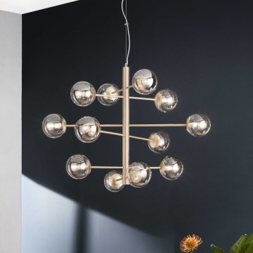 Ondaluce - Lampadario su cavo ELISEO 12xE14/10W/230V oro/beige fumé