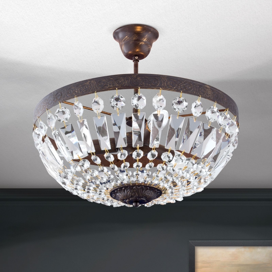 Lampadario di cristallo a sospensione con supporto rigido ARILA 3xE14/40W/230V diametro 40 cm marrone/patina