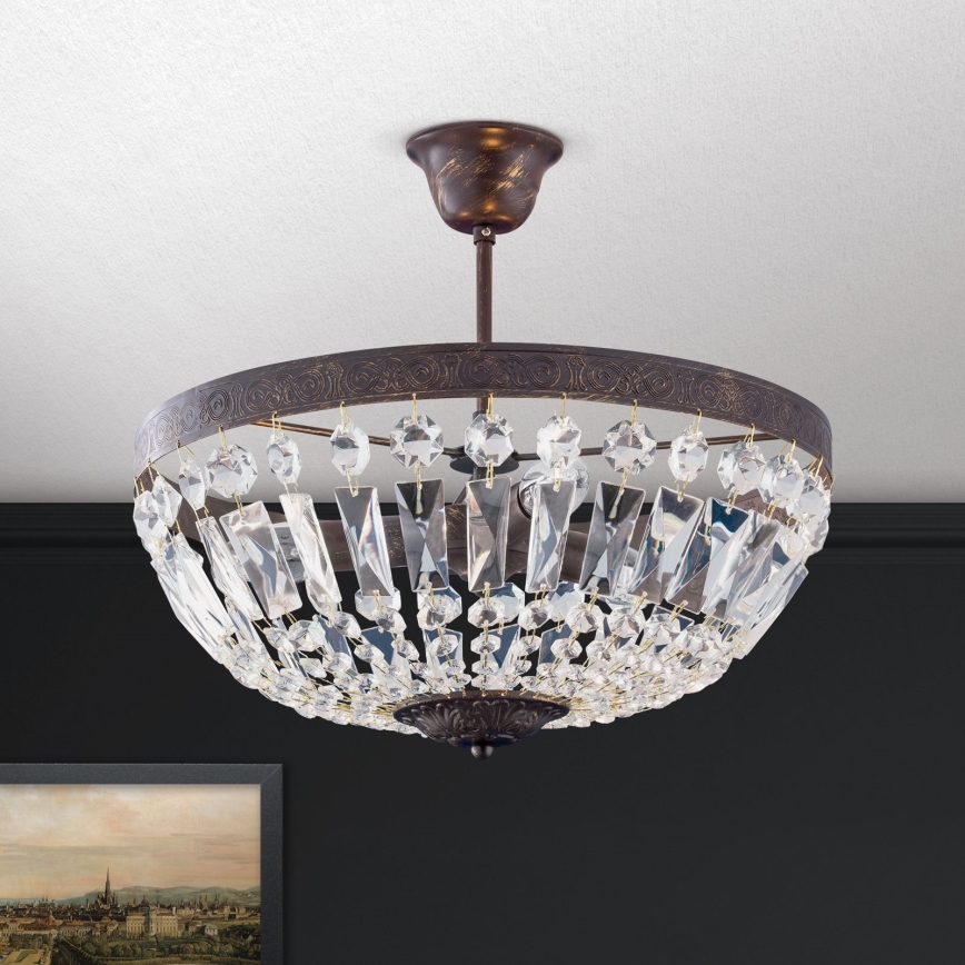 Lampadario di cristallo a sospensione con supporto rigido ARILA 3xE14/40W/230V diametro 40 cm marrone/patina