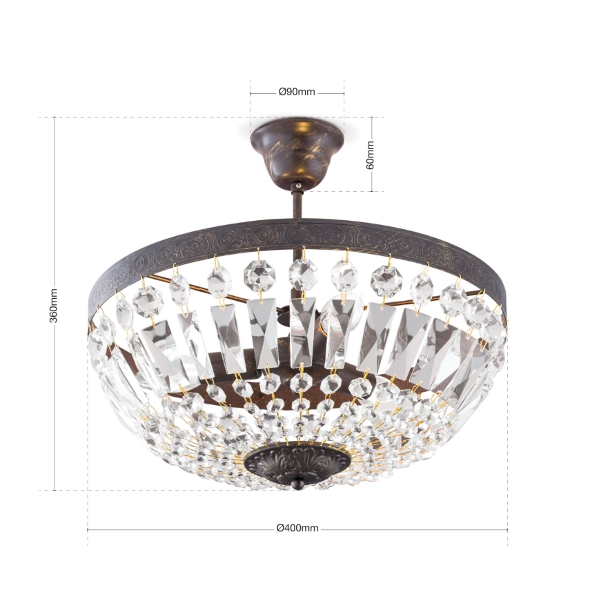 Lampadario di cristallo a sospensione con supporto rigido ARILA 3xE14/40W/230V diametro 40 cm marrone/patina