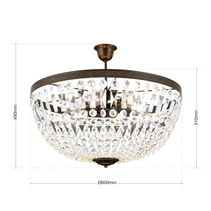Lampadario di cristallo a sospensione con supporto rigido ARILA 6xE27/60W/230V diametro 60 cm marrone/patina