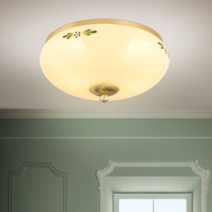Lampada da soffitto LANDHAUS 2xE27/60W/230V Ø 28 cm ottone/beige/verde
