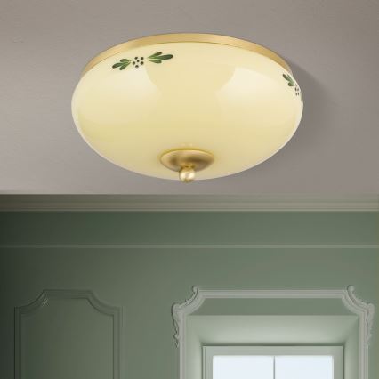 Lampada da soffitto LANDHAUS 2xE27/60W/230V Ø 28 cm ottone/beige/verde