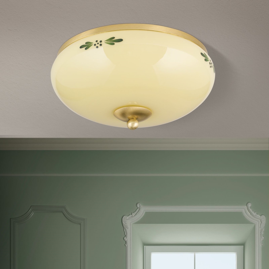 Lampada da soffitto LANDHAUS 2xE27/60W/230V Ø 28 cm ottone/beige/verde