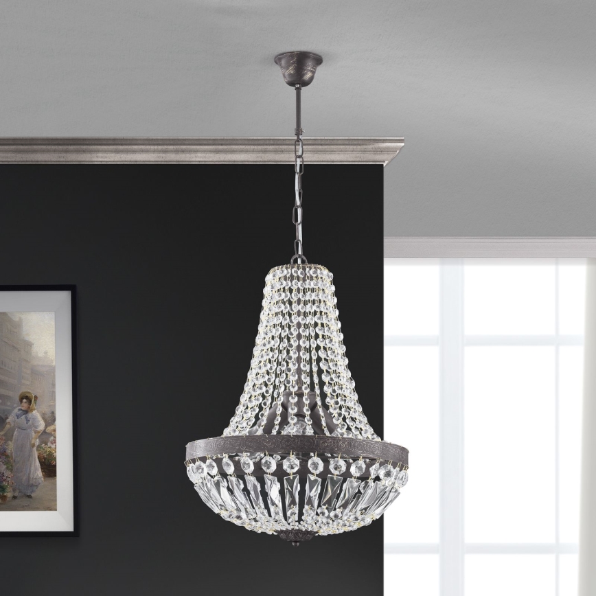 Lampadario di cristallo a sospensione con catena ARILA 3xE27/60W/230V diametro 40 cm marrone/patina
